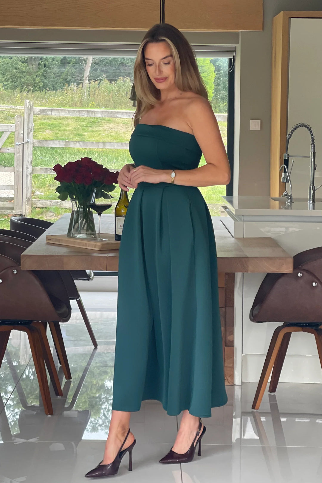 Danni Emerald Green Strapless Bandeau Midi Dress With Pockets
