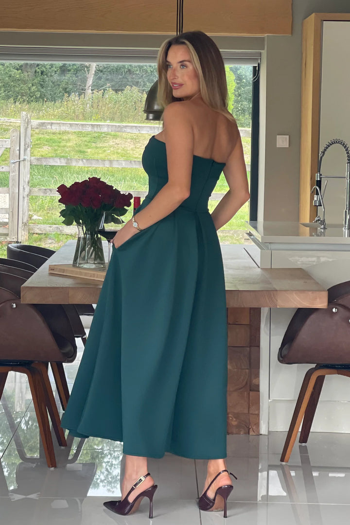 Danni Emerald Green Strapless Bandeau Midi Dress With Pockets