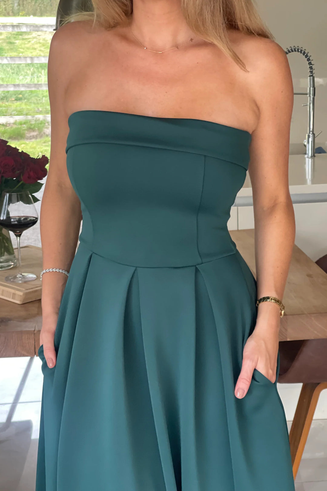 Danni Emerald Green Strapless Bandeau Midi Dress With Pockets