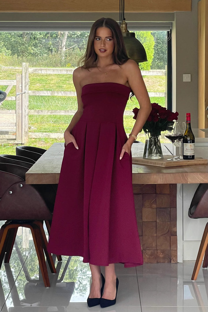 Danni Burgundy Wine Strapless Bandeau Midi Dress With Pockets