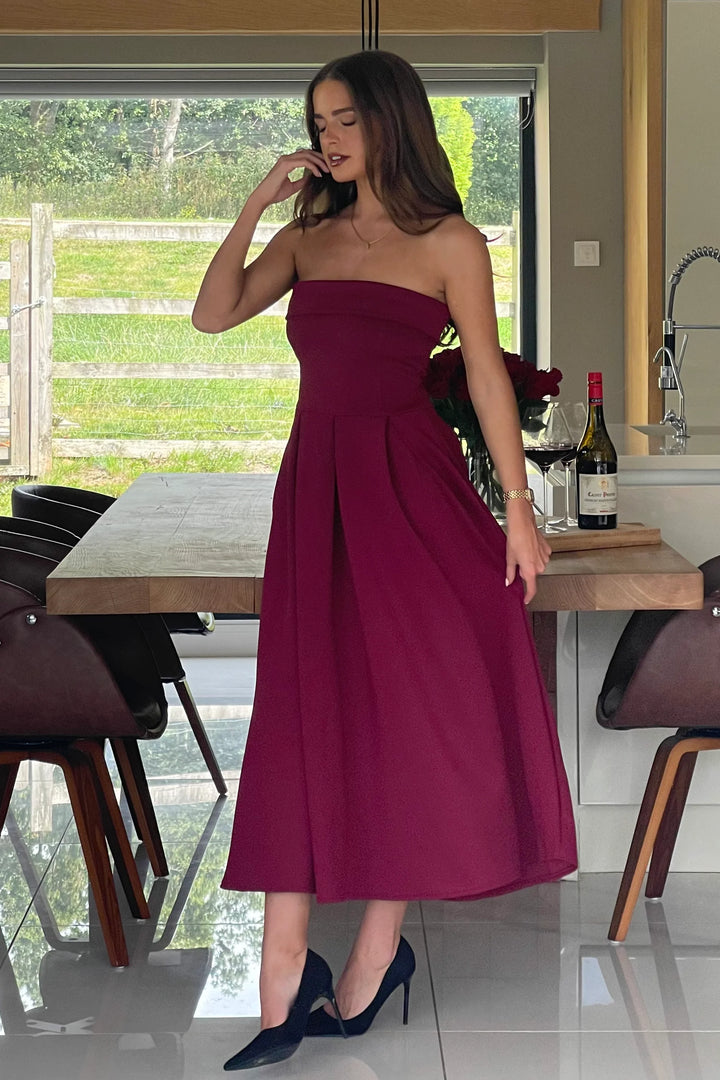 Danni Burgundy Wine Strapless Bandeau Midi Dress With Pockets