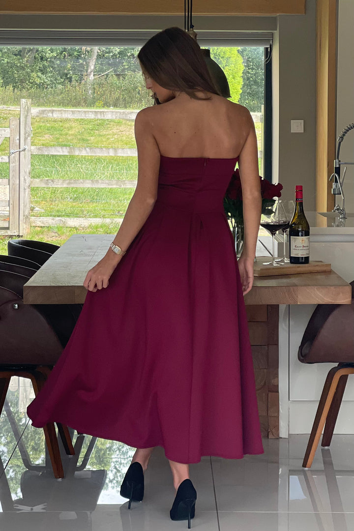 Danni Burgundy Wine Strapless Bandeau Midi Dress With Pockets