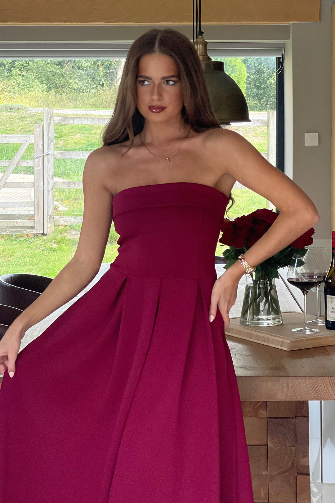 Danni Burgundy Wine Strapless Bandeau Midi Dress With Pockets