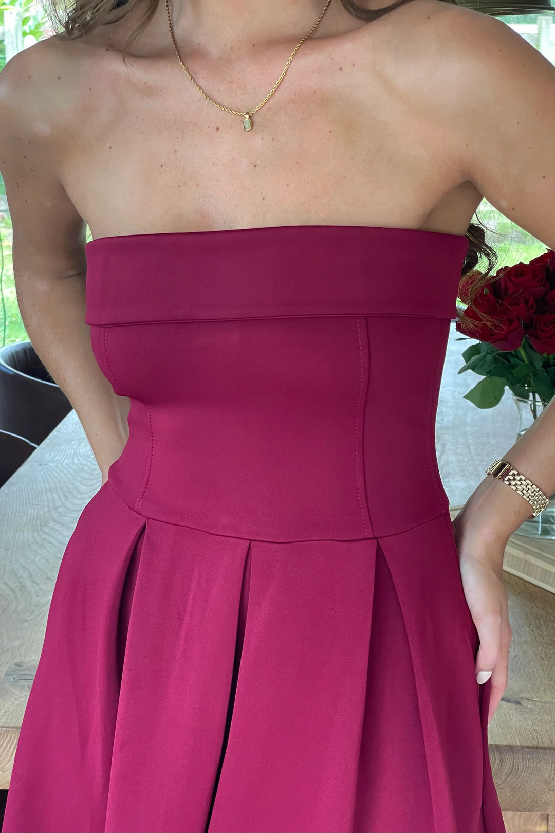 Danni Burgundy Wine Strapless Bandeau Midi Dress With Pockets