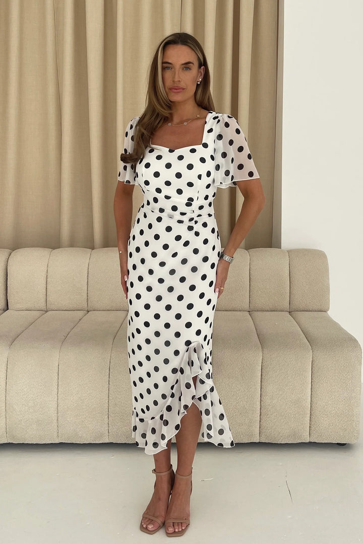 Heidi White Polka Dot Ruched Short Sleeve Midi Dress
