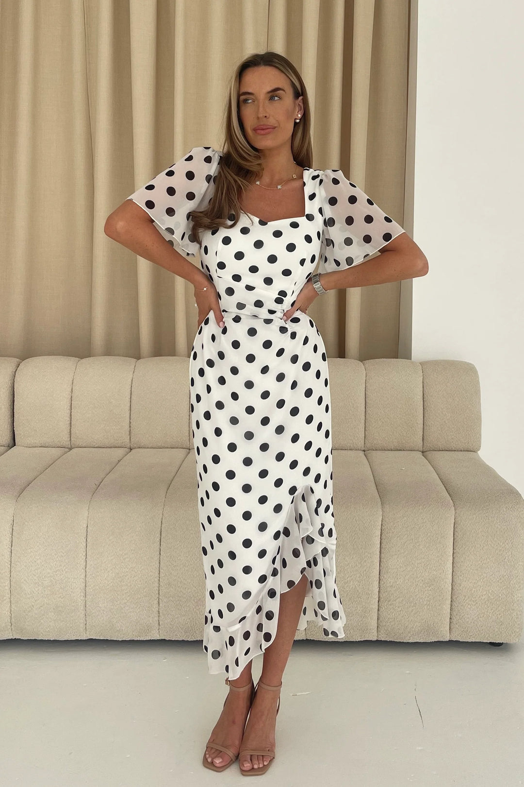 Heidi White Polka Dot Ruched Short Sleeve Midi Dress