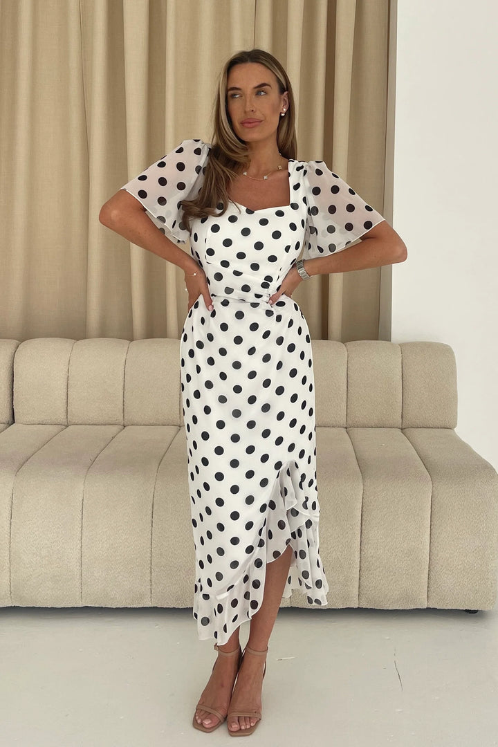 Heidi White Polka Dot Ruched Short Sleeve Midi Dress