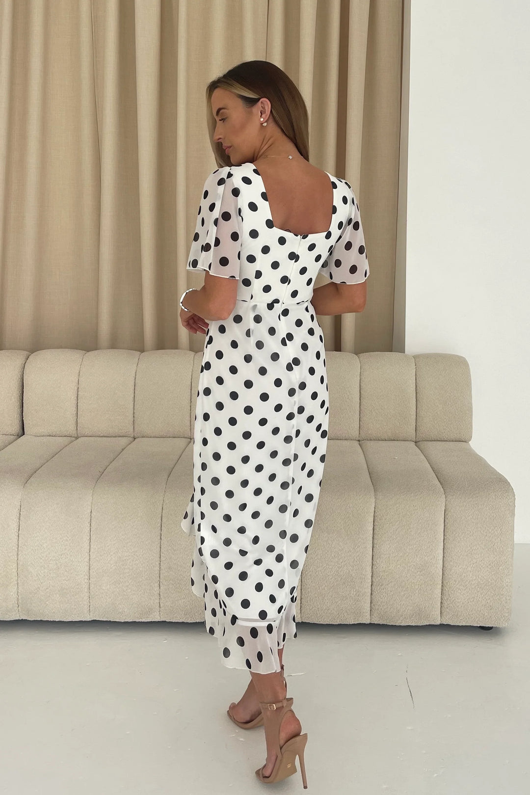 Heidi White Polka Dot Ruched Short Sleeve Midi Dress