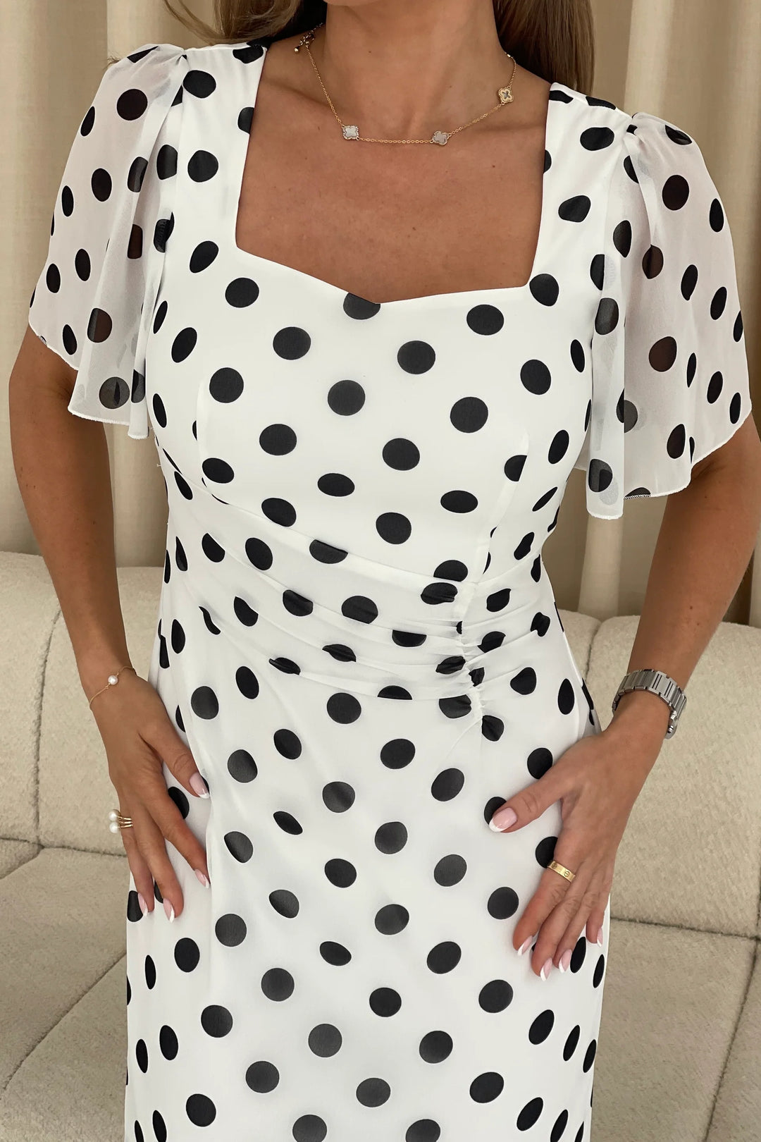 Heidi White Polka Dot Ruched Short Sleeve Midi Dress