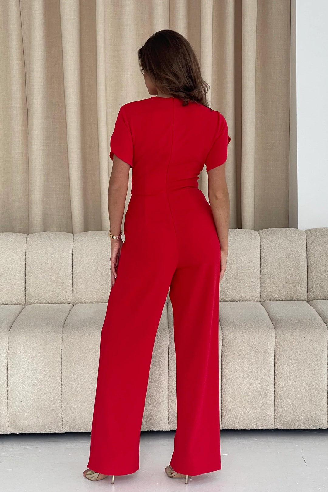 Bridget Red Twist Front Split Sleeve Wide Leg Jumpsuit