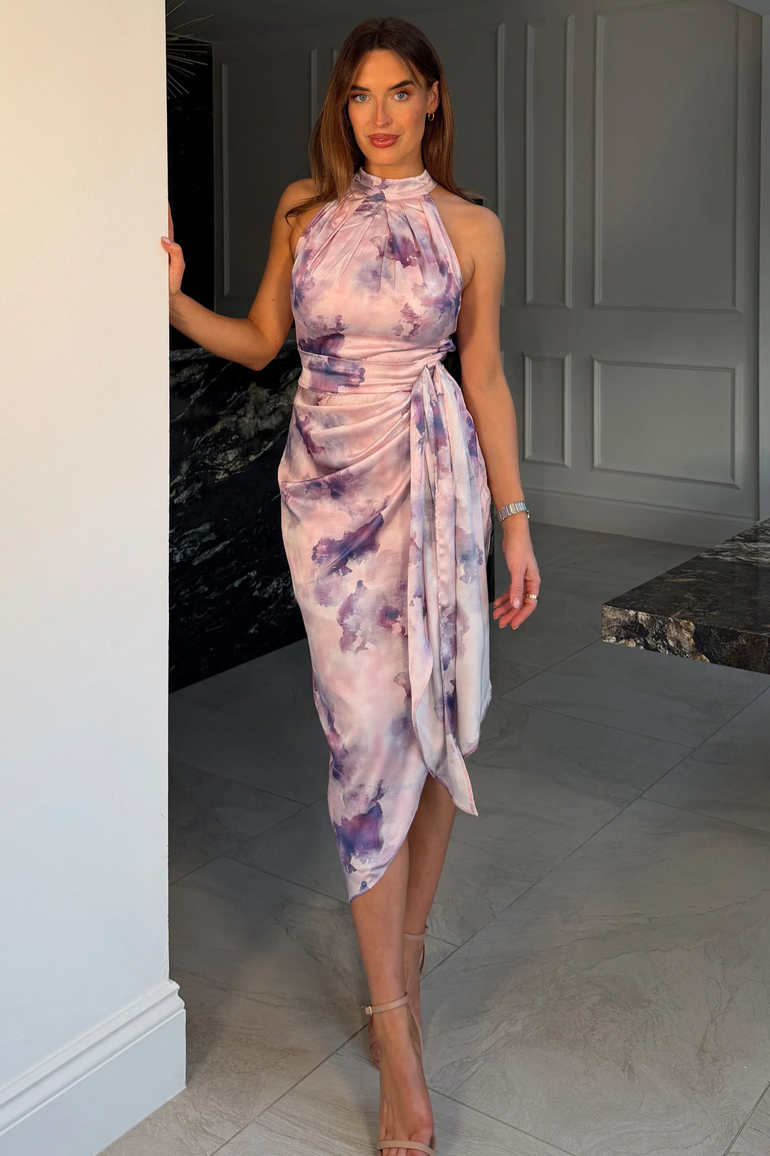 marble halter neck dress AX Paris Multi Marble Print Ribbed Gold Trim Halter Neck Midi Dress