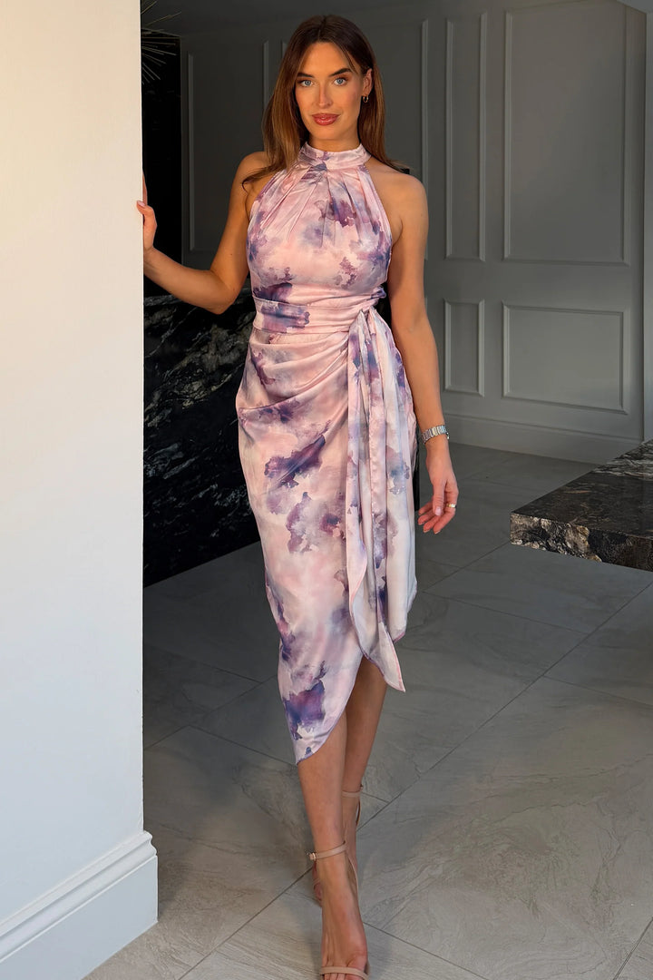 Priya Purple Marble Tie Waist Bodycon Satin Halter Neck Midi Dress