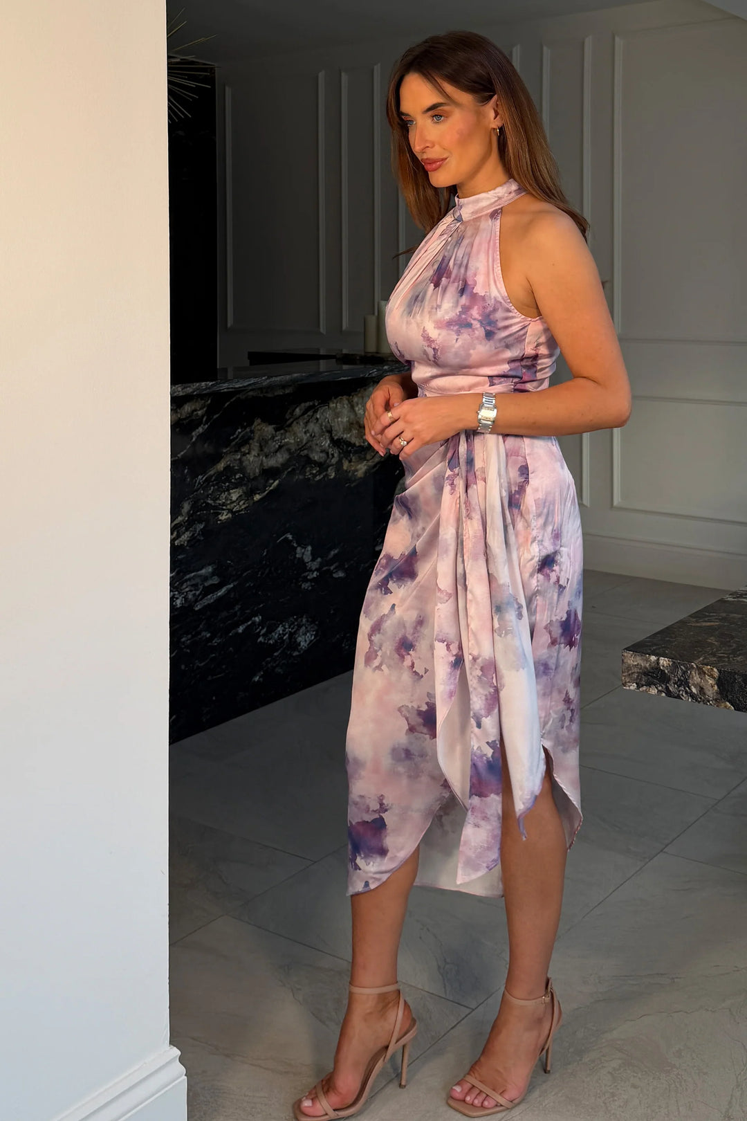 Priya Purple Marble Tie Waist Bodycon Satin Halter Neck Midi Dress