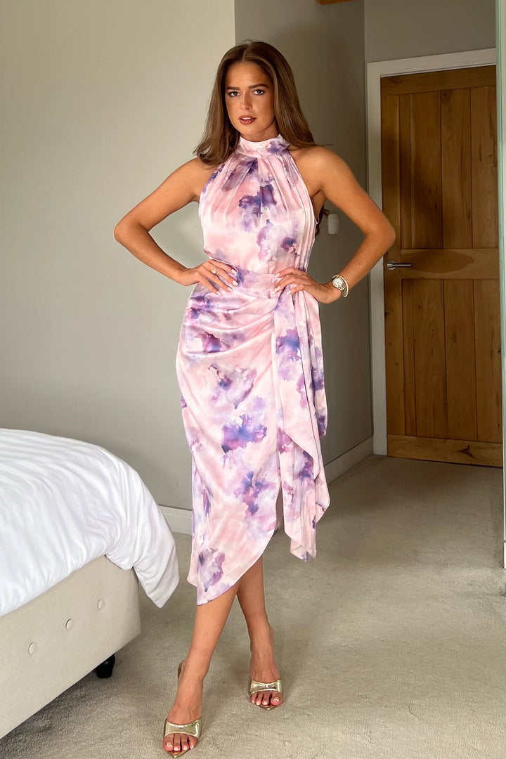 Priya Purple Marble Tie Waist Bodycon Satin Halter Neck Midi Dress