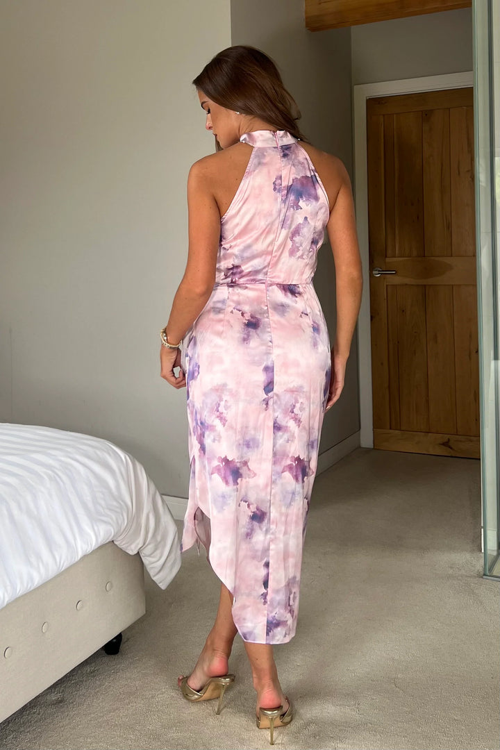 Priya Purple Marble Tie Waist Bodycon Satin Halter Neck Midi Dress