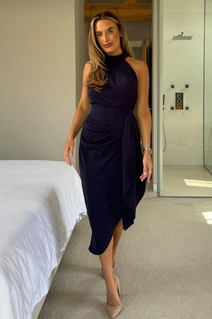 Priya Navy Tie Waist Bodycon Halter Neck Midi Dress