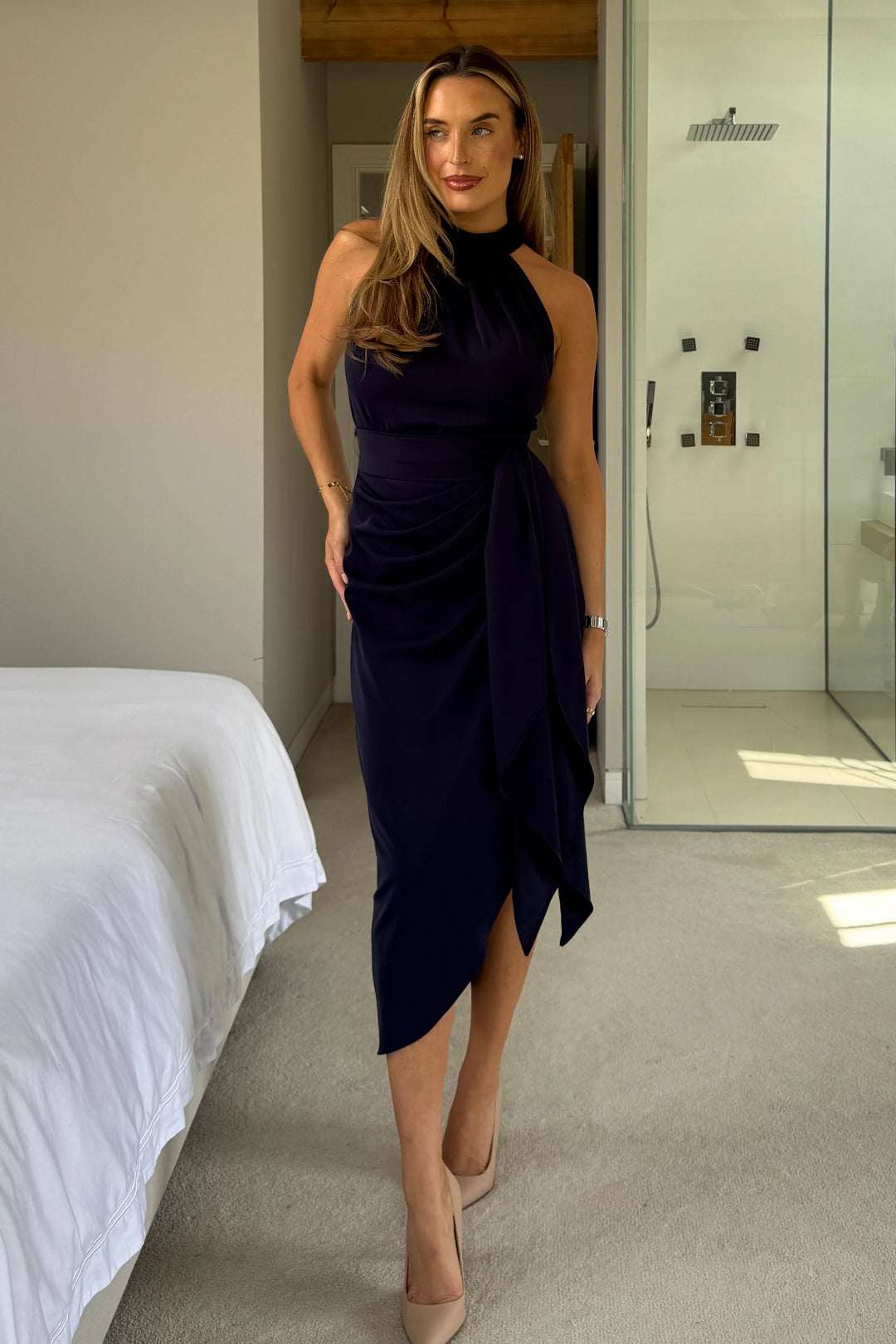 Priya Navy Tie Waist Bodycon Halter Neck Midi Dress