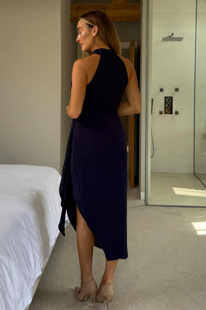 Priya Navy Tie Waist Bodycon Halter Neck Midi Dress