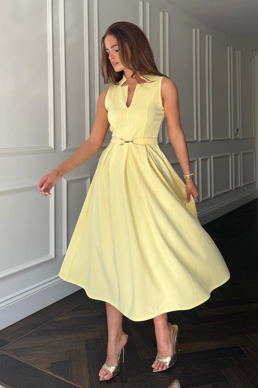 Ameya Yellow Notch Neck Sleeveless Midi Dress