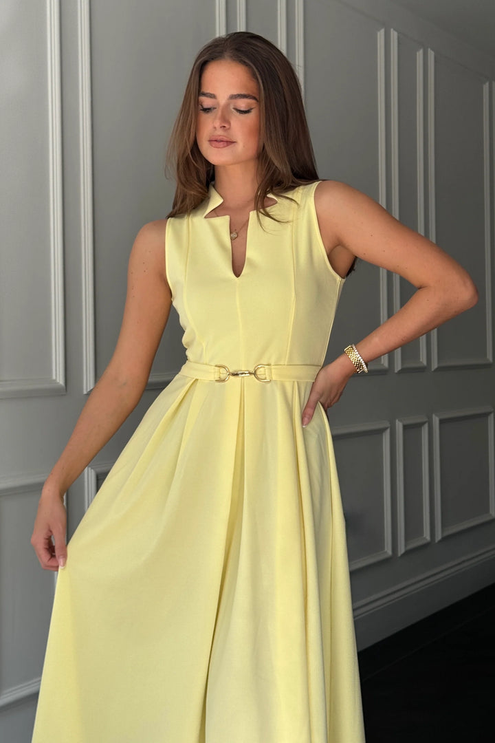 Ameya Yellow Notch Neck Sleeveless Midi Dress