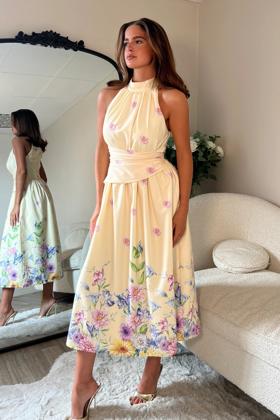 Maggie Yellow Floral Wrap Waist Halterneck Midi Dress