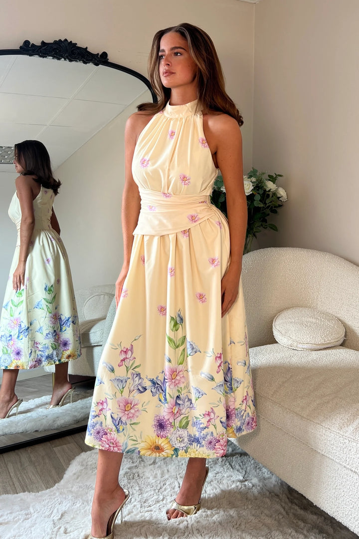 Maggie Yellow Floral Wrap Waist Halterneck Midi Dress