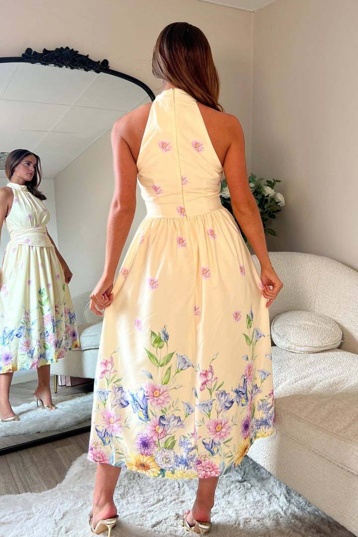 Maggie Yellow Floral Wrap Waist Halterneck Midi Dress