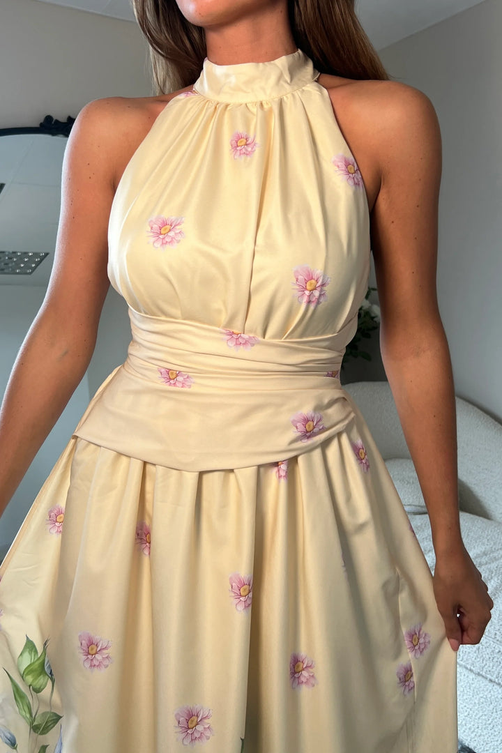 Maggie Yellow Floral Wrap Waist Halterneck Midi Dress