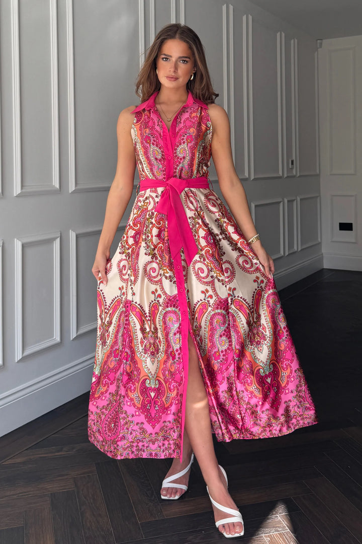 Rhia Sleeveless Pink Paisley Belted Maxi Shirt Dress