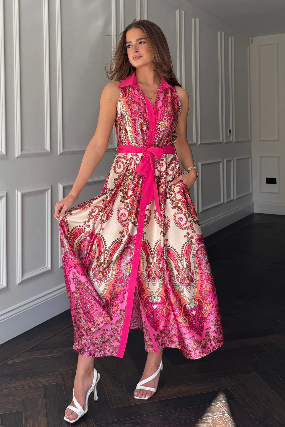 Rhia Sleeveless Pink Paisley Belted Maxi Shirt Dress