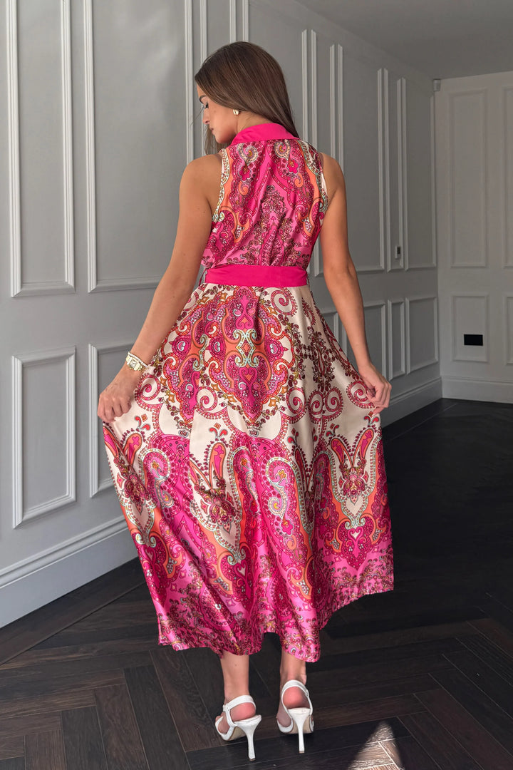 Rhia Sleeveless Pink Paisley Belted Maxi Shirt Dress