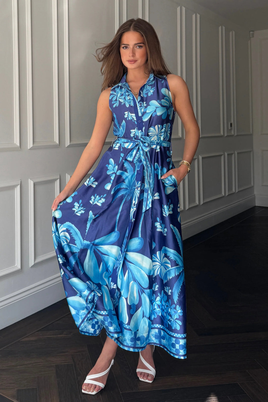 Rhia Sleeveless Blue Belted Maxi Shirt Dress