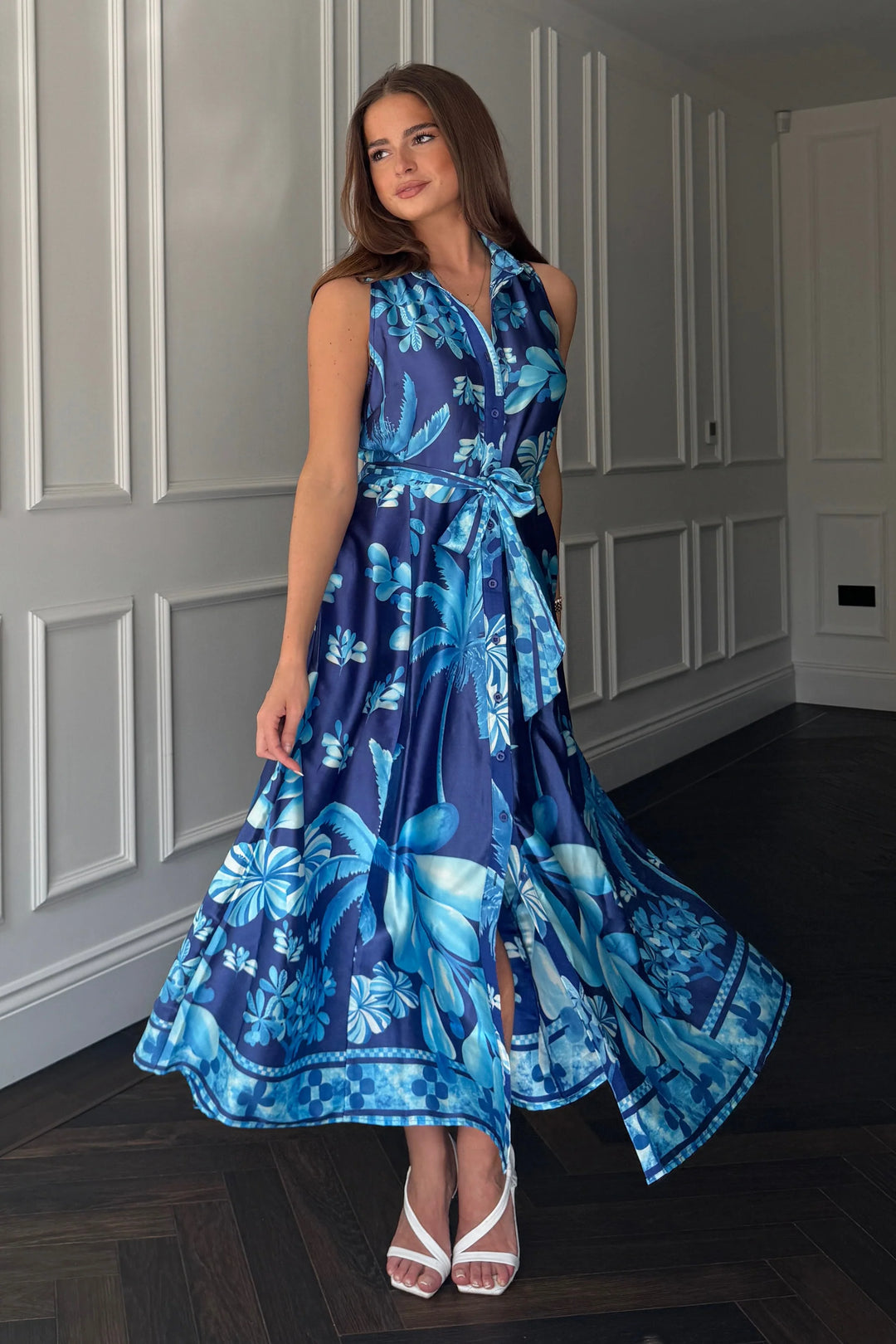 Rhia Sleeveless Blue Belted Maxi Shirt Dress