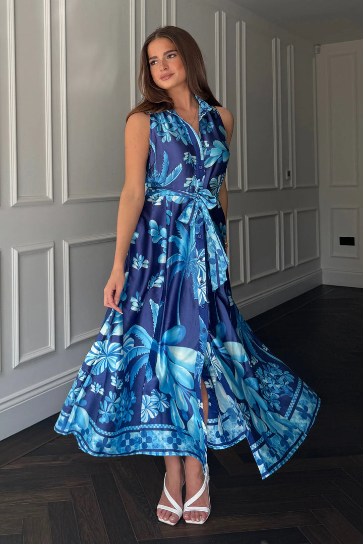 Rhia Sleeveless Blue Belted Maxi Shirt Dress