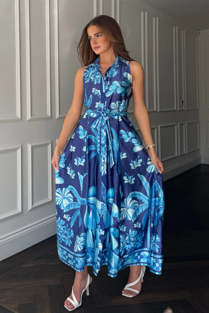 Rhia Sleeveless Blue Belted Maxi Shirt Dress