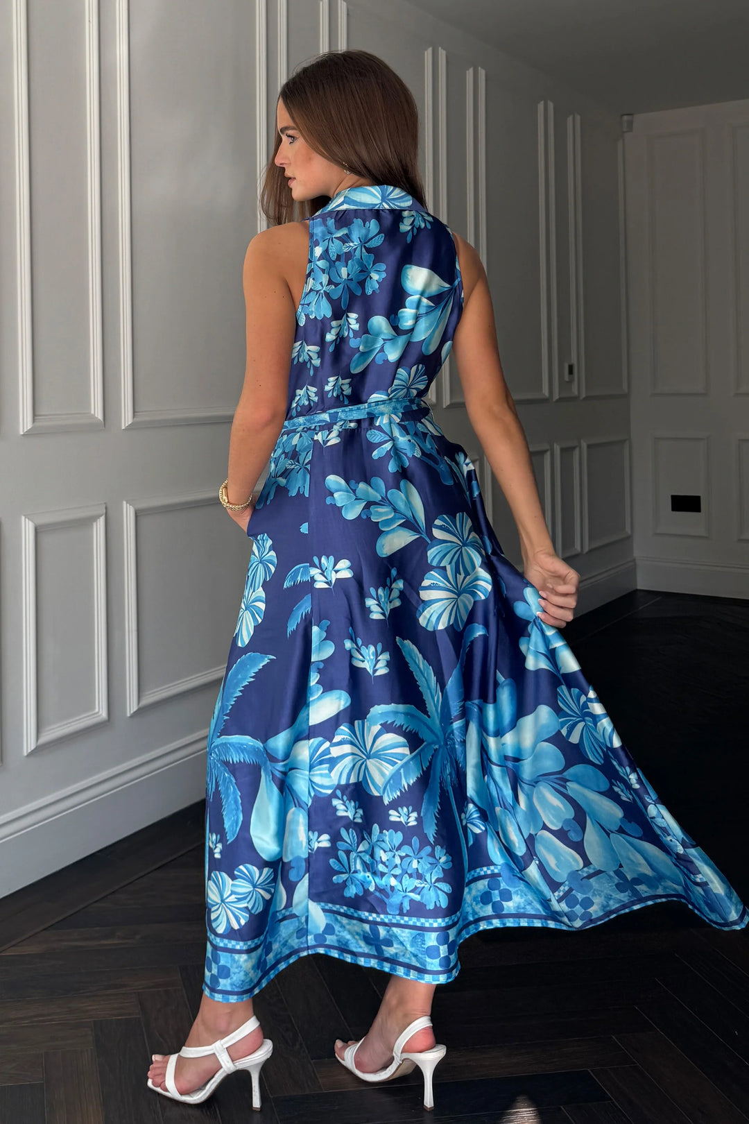 Rhia Sleeveless Blue Belted Maxi Shirt Dress