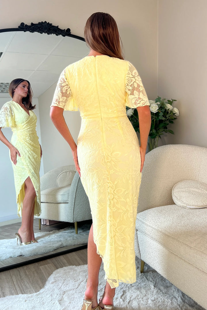 Natasha Yellow Lace Angel Sleeve Chiffon Wrap Midi Dress