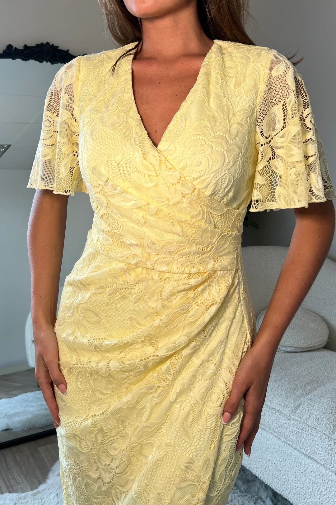 Natasha Yellow Lace Angel Sleeve Chiffon Wrap Midi Dress