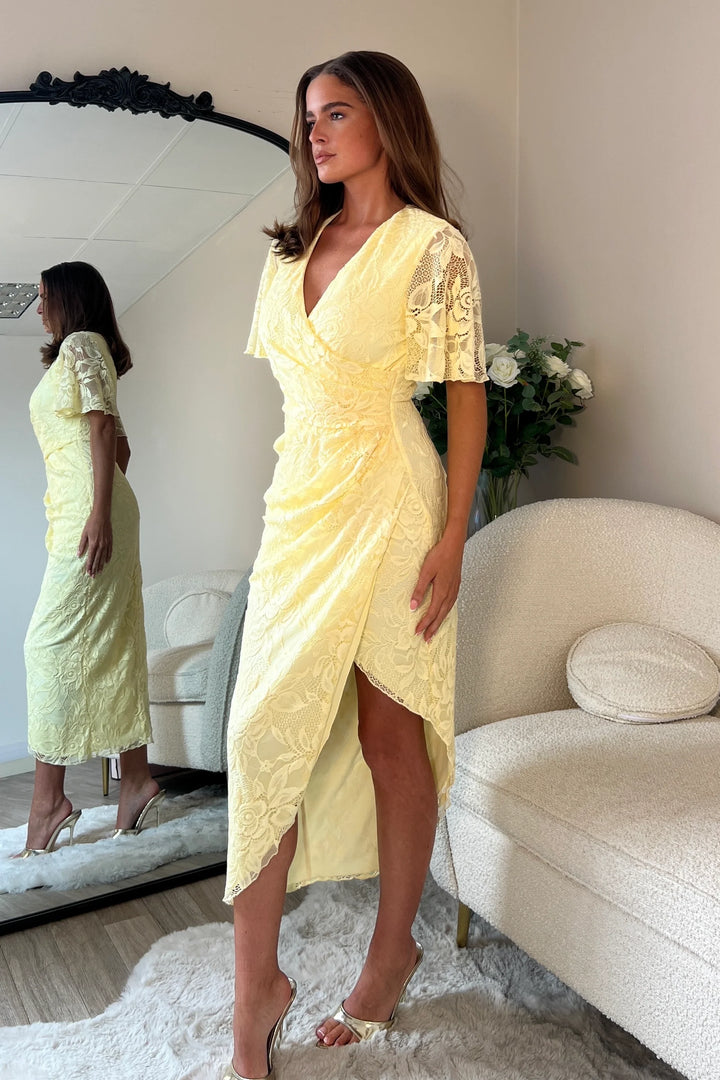 Natasha Yellow Lace Angel Sleeve Chiffon Wrap Midi Dress