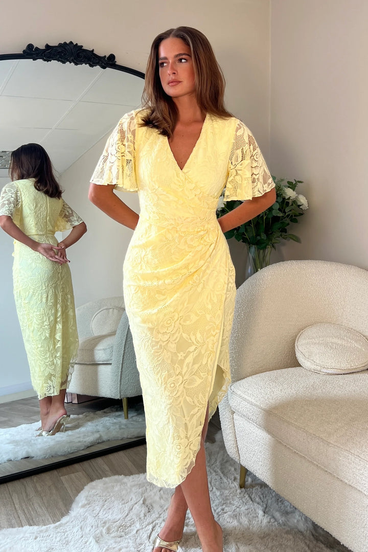 Natasha Yellow Lace Angel Sleeve Chiffon Wrap Midi Dress