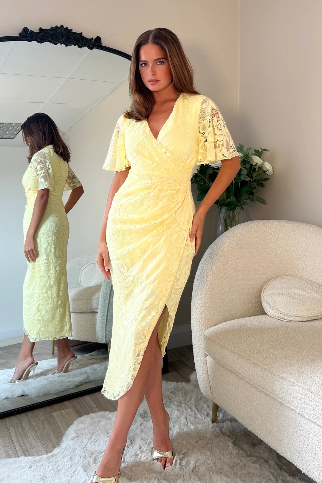 Natasha Yellow Lace Angel Sleeve Chiffon Wrap Midi Dress