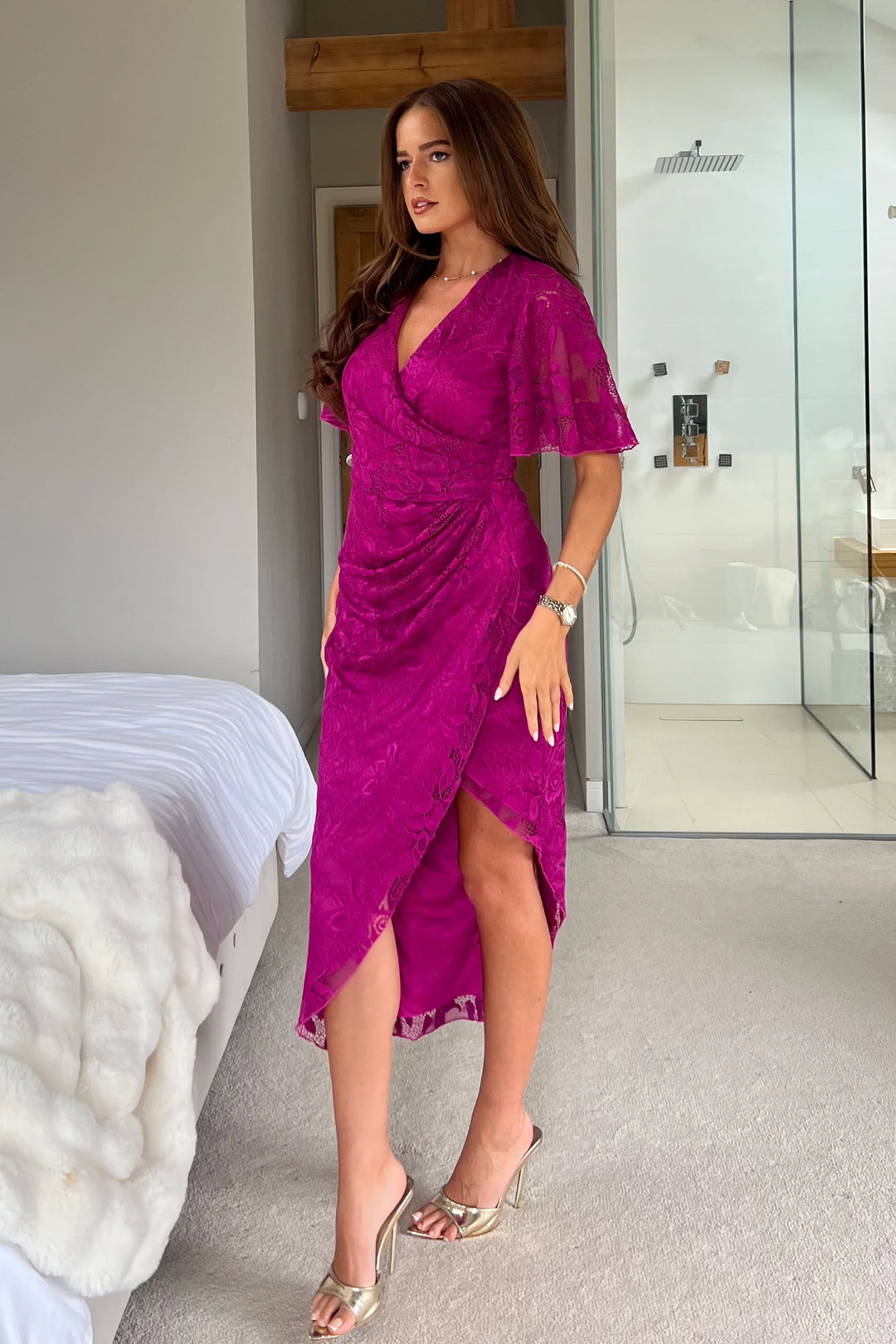 Natasha Fuchsia Lace Angel Sleeve Chiffon Wrap Midi Dress