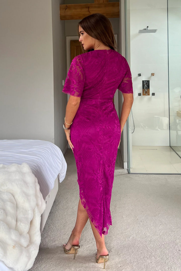 Natasha Fuchsia Lace Angel Sleeve Chiffon Wrap Midi Dress