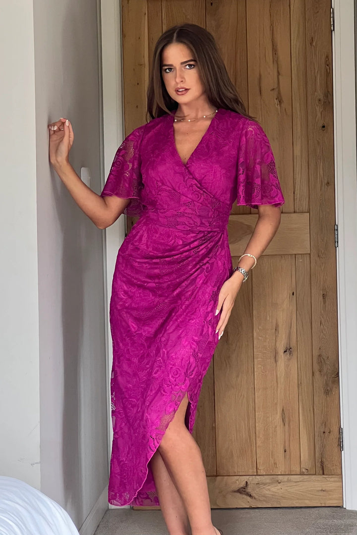 Natasha Fuchsia Lace Angel Sleeve Chiffon Wrap Midi Dress