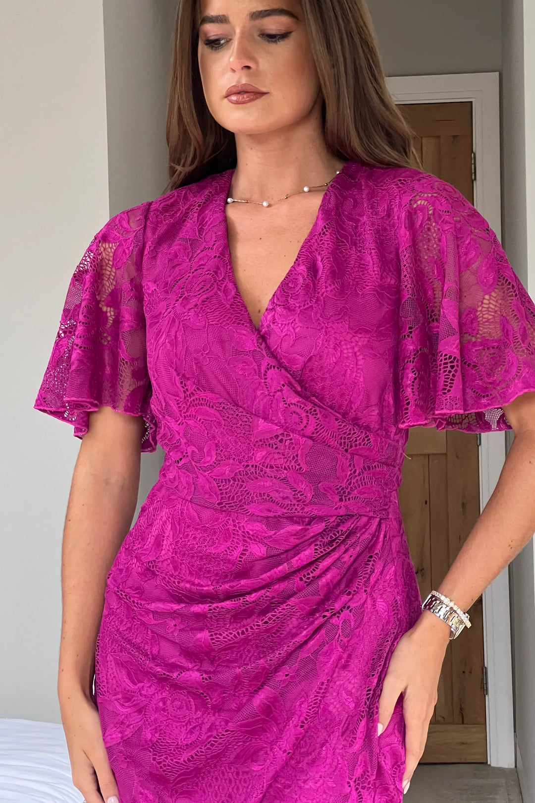 Natasha Fuchsia Lace Angel Sleeve Chiffon Wrap Midi Dress