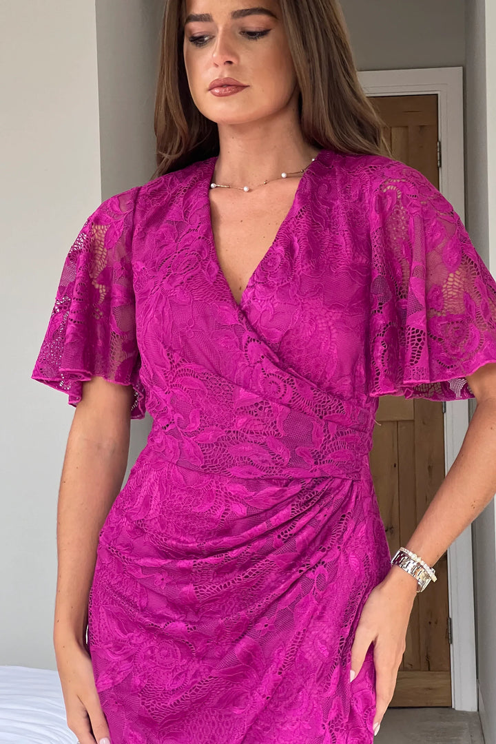 Natasha Fuchsia Lace Angel Sleeve Chiffon Wrap Midi Dress