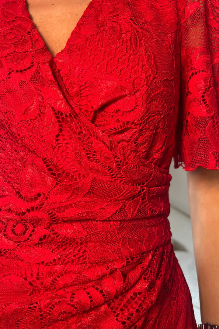Natasha Red Lace Angel Sleeve Chiffon Wrap Midi Dress
