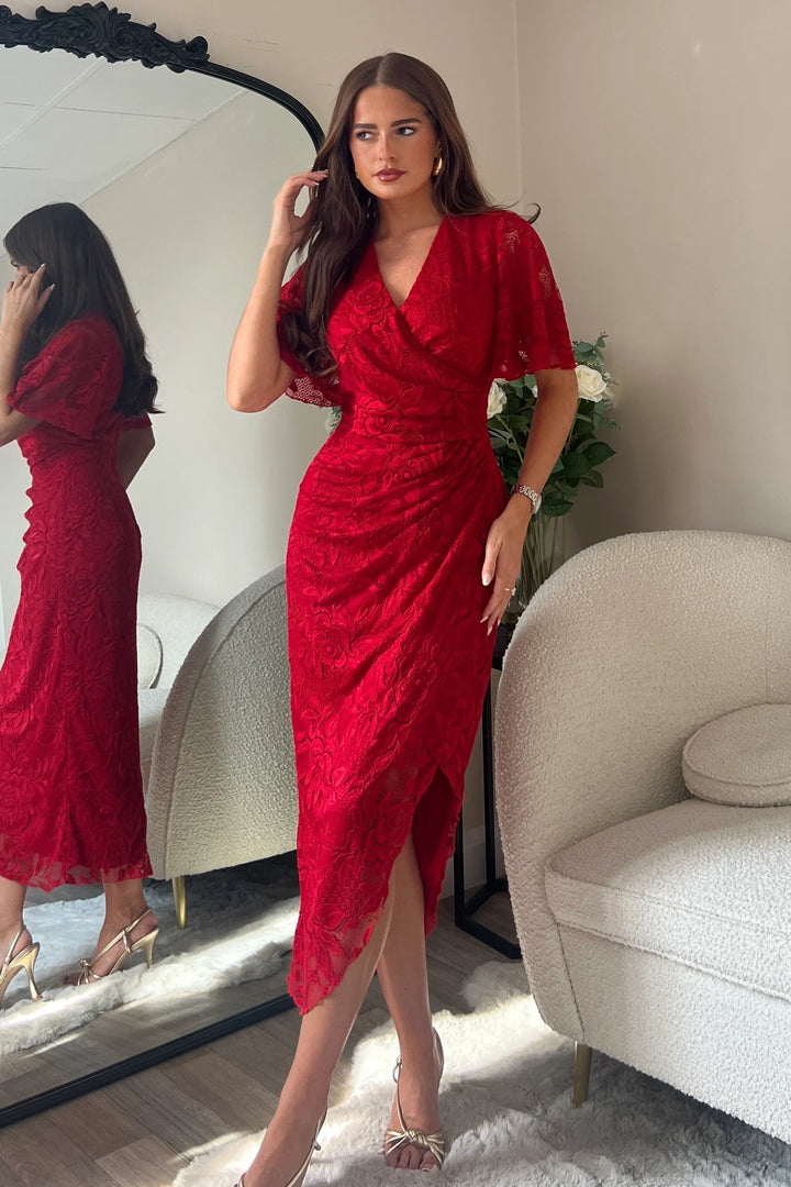 Natasha Red Lace Angel Sleeve Chiffon Wrap Midi Dress