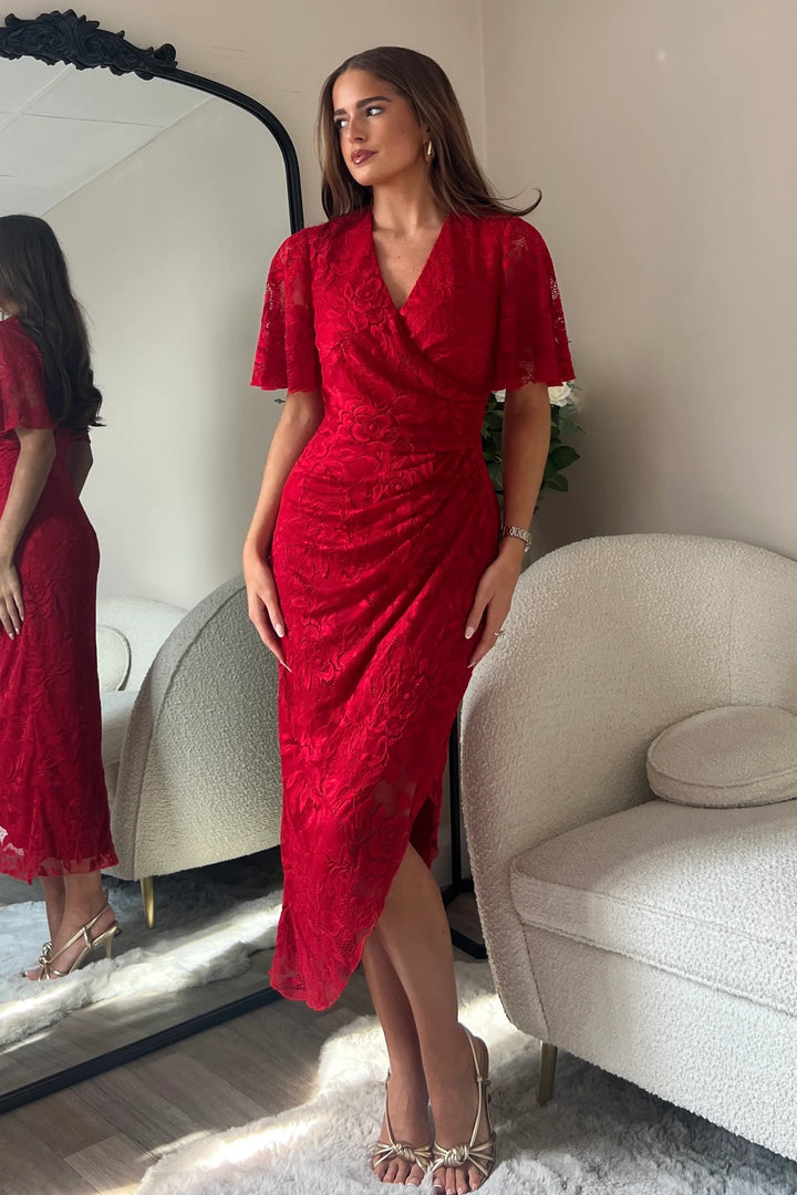 Natasha Red Lace Angel Sleeve Chiffon Wrap Midi Dress