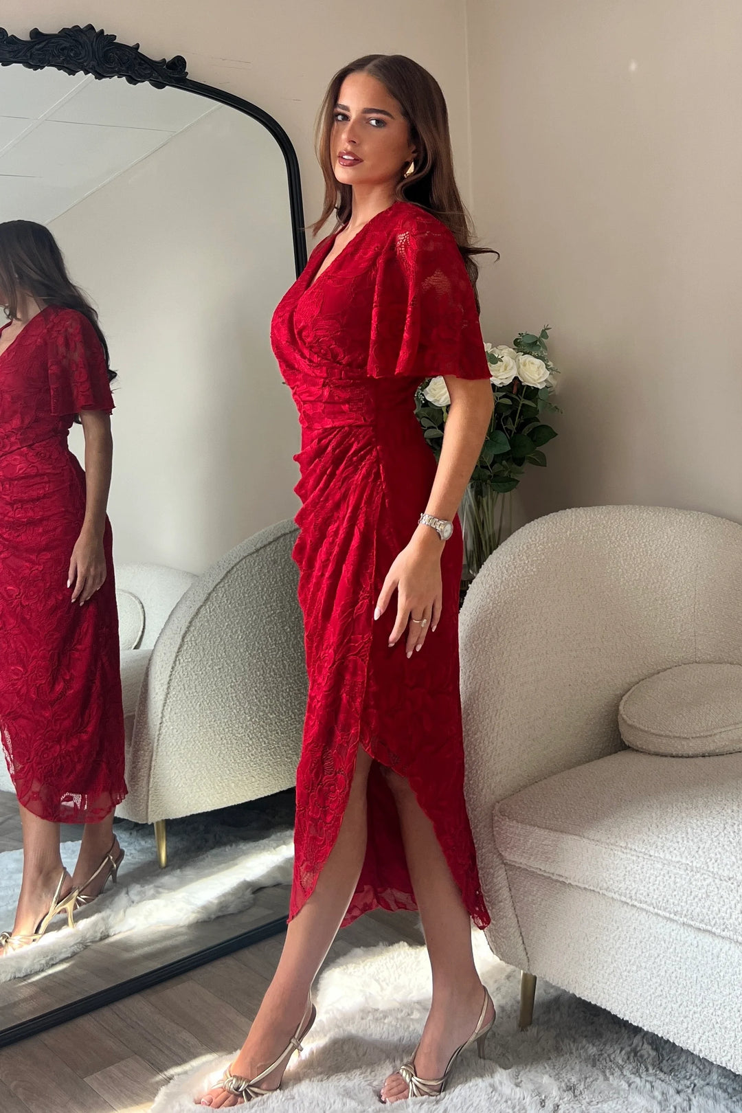 Natasha Red Lace Angel Sleeve Chiffon Wrap Midi Dress
